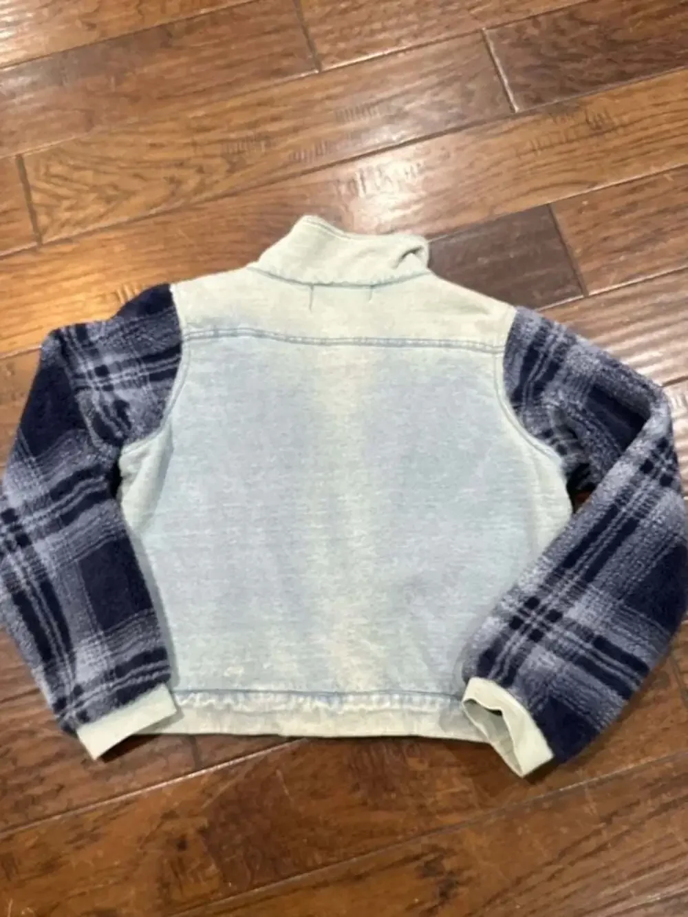 Vintage Havana Mixed Media Denim Jacket with Plaid Sherpa Sleeves - Picture 5 of 5